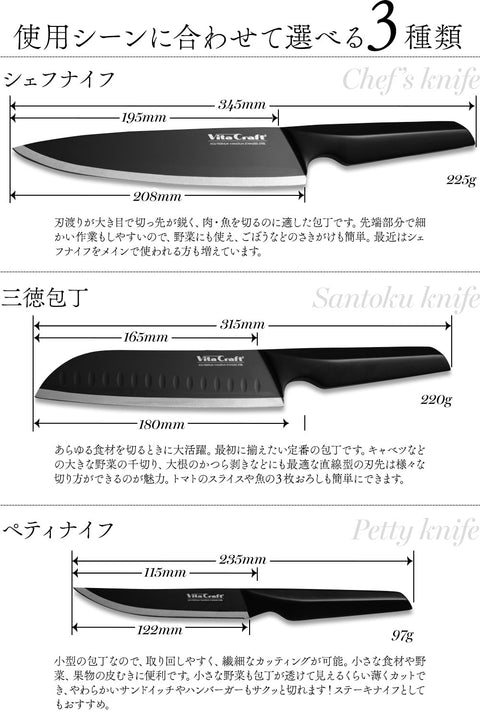 ビタクラフト ソリッドナイフ ブラック 三徳包丁 ペティナイフ シェフナイフ - フライパン専門店 鐵兎堂-TETTODO-
