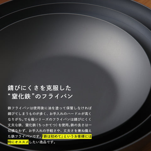 リバーライト 極 JAPAN 鉄製 フライパン 12銘木ハンドル - フライパン専門店 鐵兎堂-TETTODO-