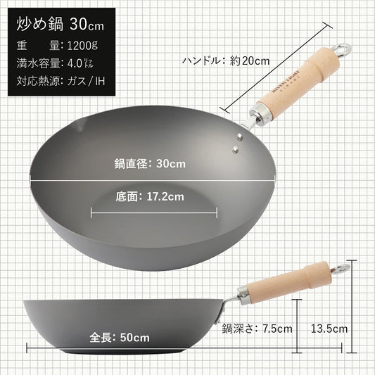 当店オリジナル鉄鍋３点セット リバーライト 極 炒め鍋（30cm）＋中華お玉＋竹ササラセット - フライパン専門店 鐵兎堂-TETTODO-