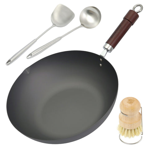 【当店オリジナルセット】 鉄 炒め鍋 入門セット 中華鍋 リバーライト 極JAPAN 中華ヘラ＆中華お玉＆フライパンブラシセット 3年保証