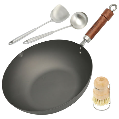 【当店オリジナルセット】 鉄 炒め鍋 入門セット 中華鍋 リバーライト 極JAPAN 中華ヘラ＆中華お玉＆フライパンブラシセット 3年保証